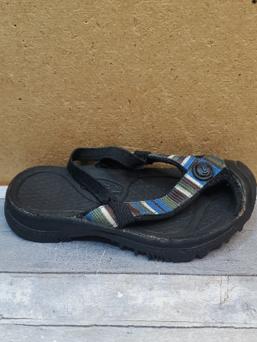 Keen Black Waimea Sandals with Blue, Green & Brown Striped Straps Size 9/16 cm